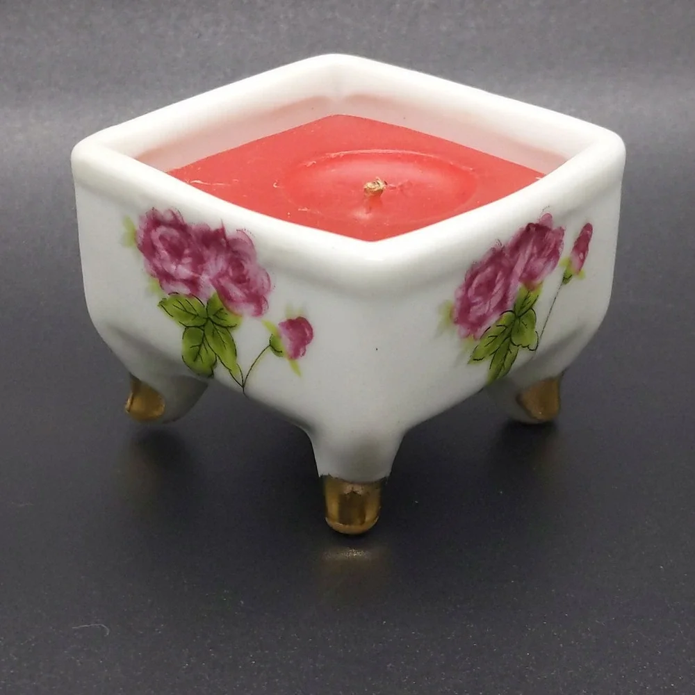 vtg Candle Holder‎ Roses Cottagecore Decor MCM Clawfoot Pink Rose Romantic Gift
